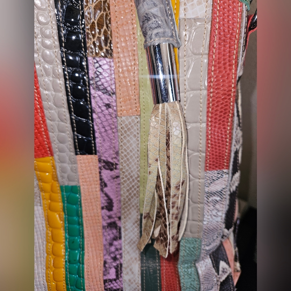 Multicolor Mixed Media Patchwork Striped Leather … - image 5
